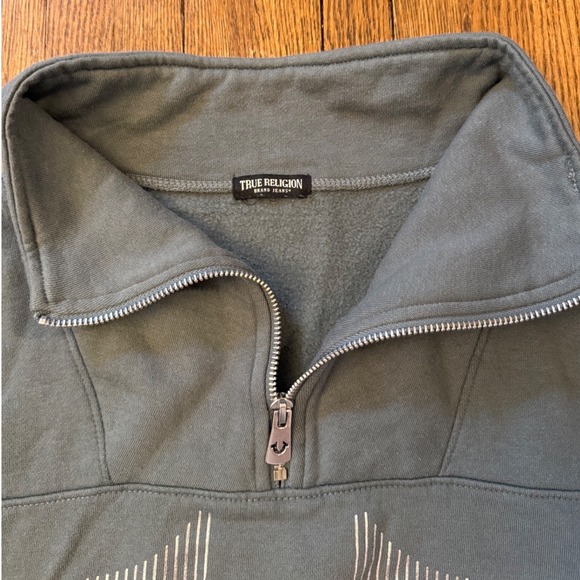 True Religion Womens Quarter Zip Cropped Sweatshirt Slate Blue Silver Logo - Picture 3 of 7
